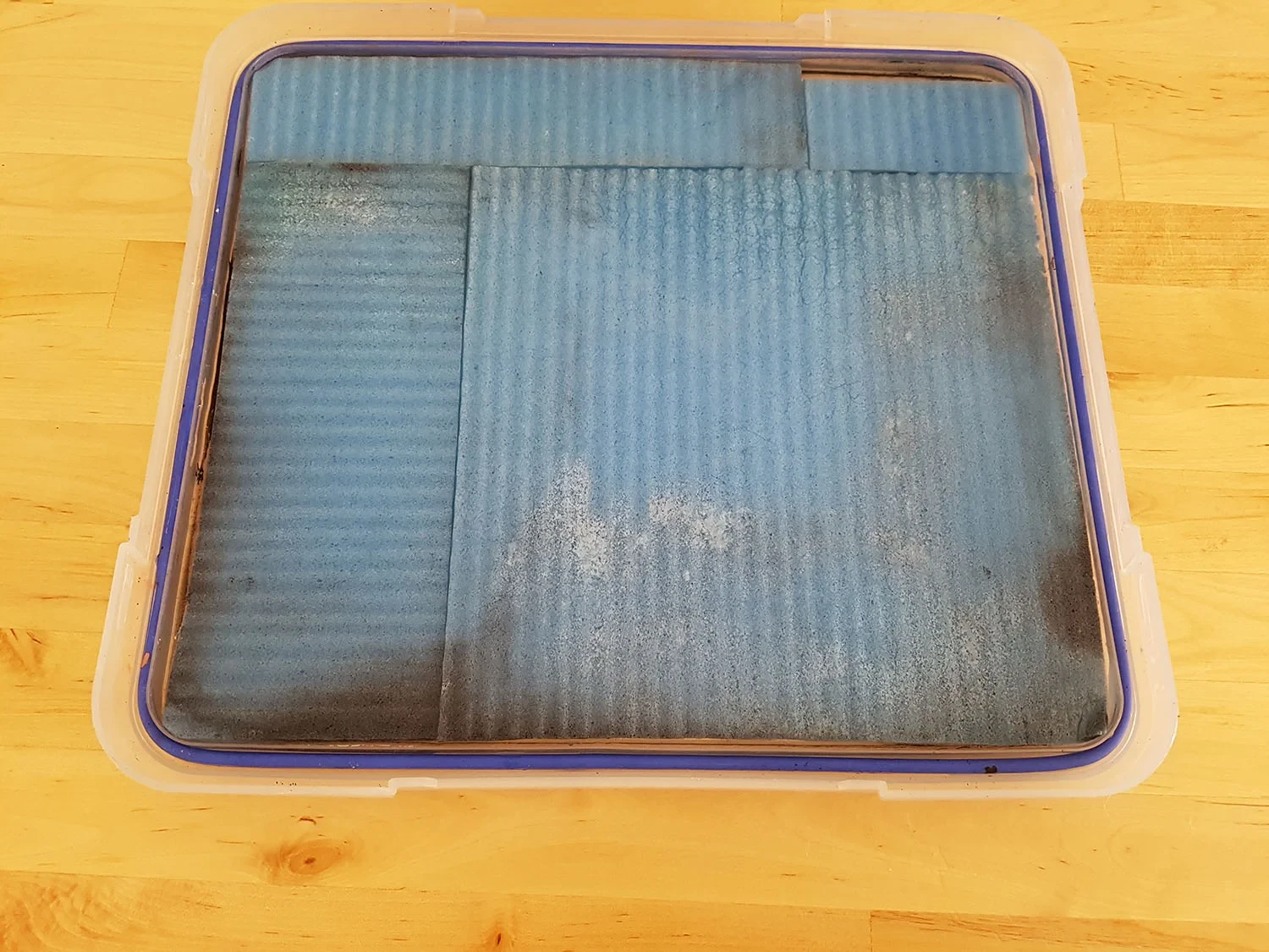 This is two sponges, one full sponge and the second is cut up to fit as much space in the palette as possible. Use a sponge that lays flat within the dimensions of the tray instead of sitting above the top edge of the lid.&nbsp;
