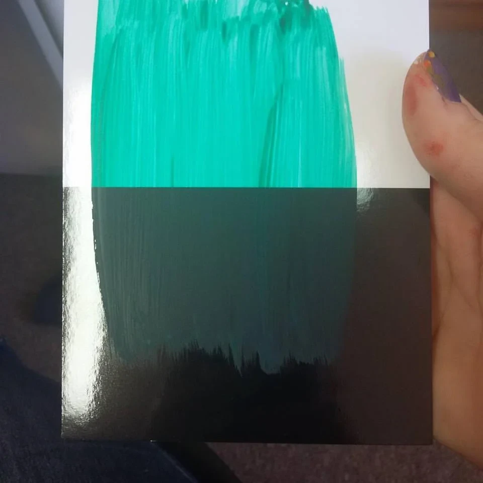 This is one layer of Emerald Green on the test card. I lost track of how many layers it took to get it completely opaque in the end.